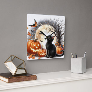 Kürbis und schwarze Katze Halloween-Wanduhr Quadratische Wanduhr