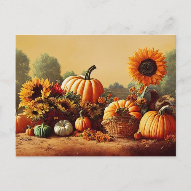 Kürbis und Sonnenblumen im Herbst Postkarte (Vorderseite)