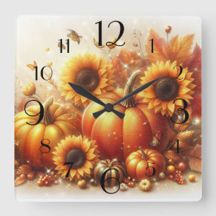 Kürbis und Sonnenblumen Quadratische Wanduhr