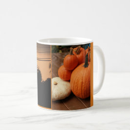 Kürbis und Sonnenuntergang inmitten einer unangene Kaffeetasse