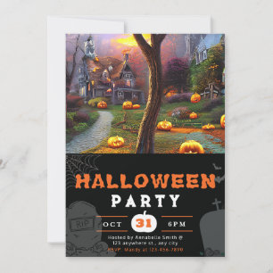 Kürbis und Spukhaus Schwarzes Halloween Einladung