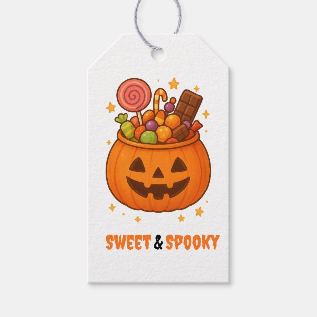 Kürbiseimer voll süß - Halloween Geschenkanhänger (Vorderseite)