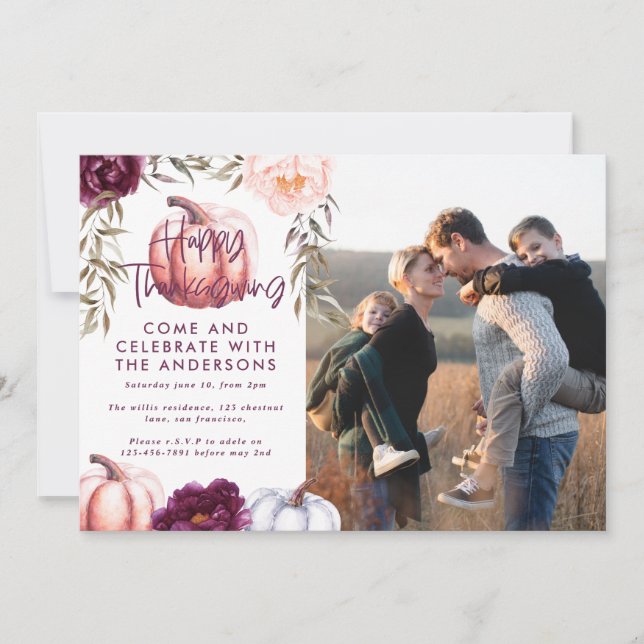 Kürbisfall lila Erntedank Foto Einladung (Vorderseite)