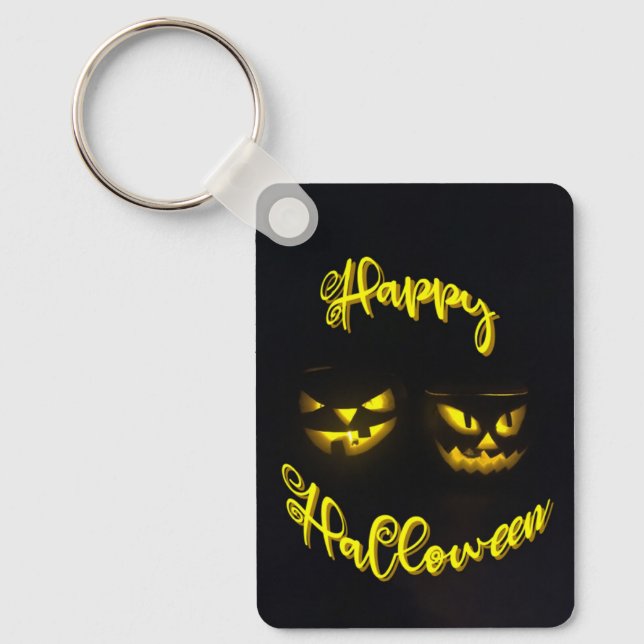 Kürbisgesicht mit grauem Gelbfieber Happy Hallowee Schlüsselanhänger (Vorderseite)