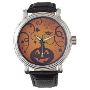 Kürbisgesicht und Spinne der Kürbislaterne Hallowe Armbanduhr