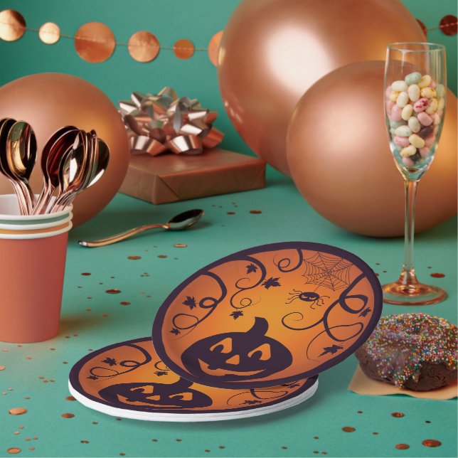 Kürbisgesicht und Spinne der Kürbislaterne Hallowe Pappteller (Multi)