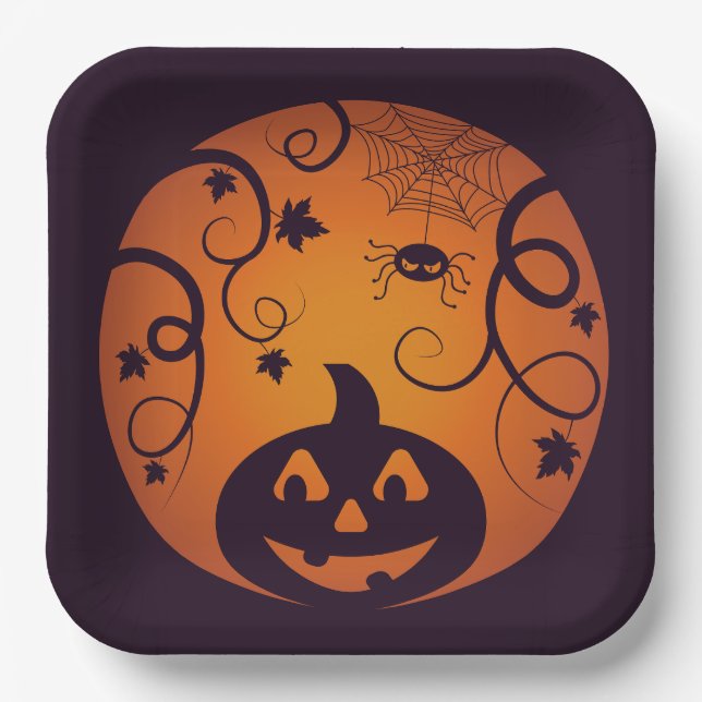 Kürbisgesicht und Spinne der Kürbislaterne Hallowe Pappteller (Vorderseite)