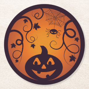 Kürbisgesicht und Spinne der Kürbislaterne Hallowe Runder Pappuntersetzer