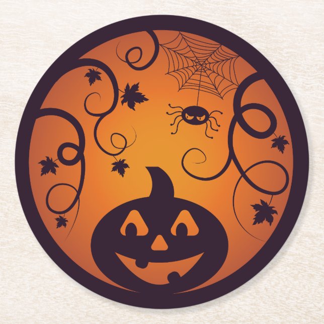 Kürbisgesicht und Spinne der Kürbislaterne Hallowe Runder Pappuntersetzer (Vorderseite)