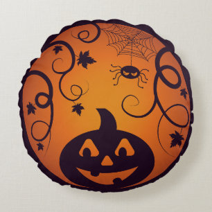 Kürbisgesicht und Spinne der Kürbislaterne Hallowe Rundes Kissen