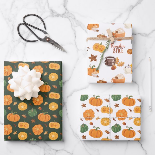 Kürbisgewürz Erntedank Halloween-Orangenwrappi Geschenkpapier Set (Vorderseite)