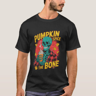 Kürbisgewürz-Skelett, das Latte Herbstlaub hält T-Shirt