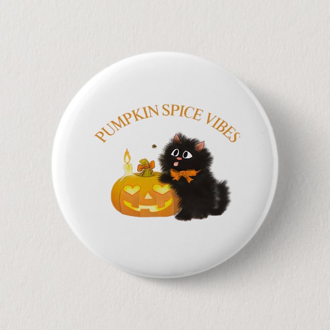 Kürbisgewürze, Halloween, Schwarze Katze, Kürbis Button (Vorderseite)