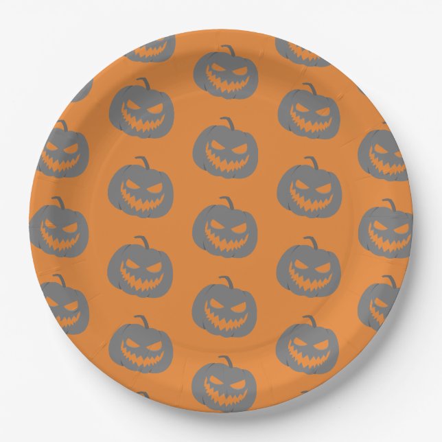 Kürbisgrau-Orange-Halloween-Party Pappteller (Vorderseite)