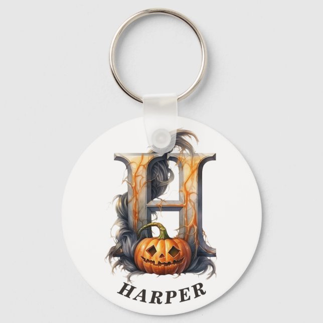 KürbisHalloween Name Letter H Floral Monogram Schlüsselanhänger (Vorderseite)