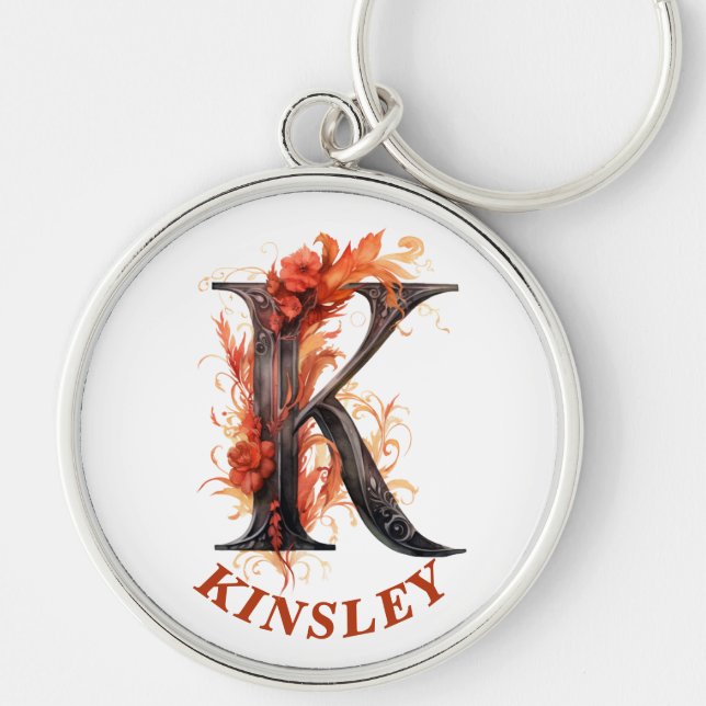 KürbisHalloween Name Letter K Floral Monogram Schlüsselanhänger (Vorne)