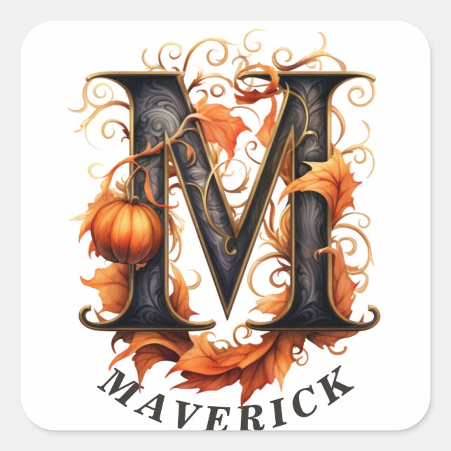 KürbisHalloween Name Letter M Floral Monogram Quadratischer Aufkleber (Vorderseite)