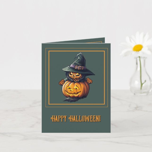 Kürbishexe im Katzenkostüm -  Karte (Kleine Pflanze)