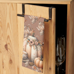 Kürbiskanne mit herbstlicher Blumenillustration Geschirrtuch
