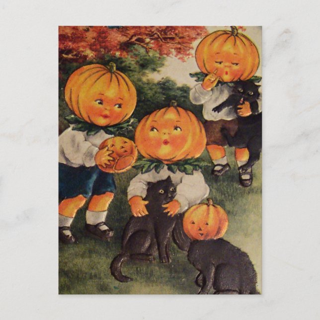 Kürbiskatze (Vintage Halloween-Karte) Postkarte (Vorderseite)