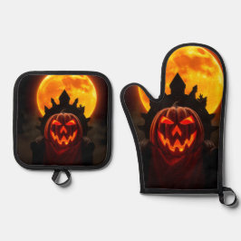Kürbiskönig-Eclipse-Halloween-Ofenhandschuh-Set Ofenhandschuh & Topflappen-Set