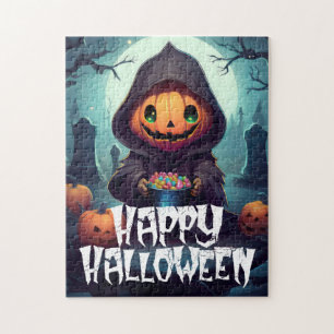 Kürbiskopf mit Süßigkeiten Frohes Halloween