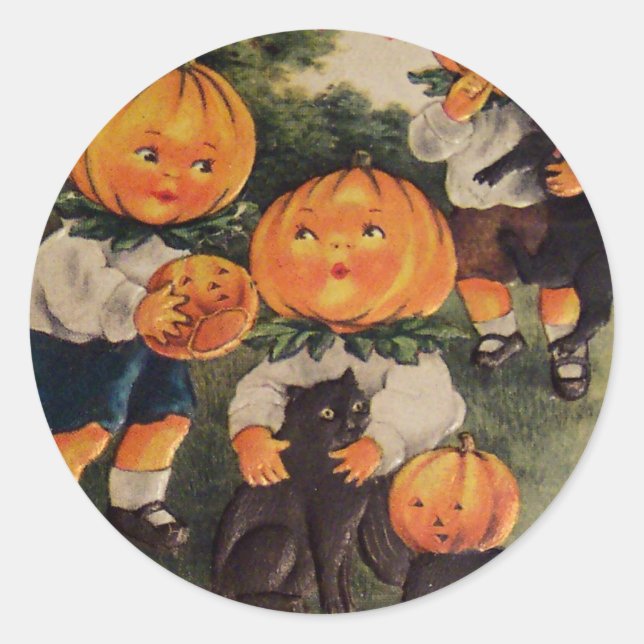 Kürbisköpfe (Vintage Halloweenkarte) Runder Aufkleber (Vorderseite)