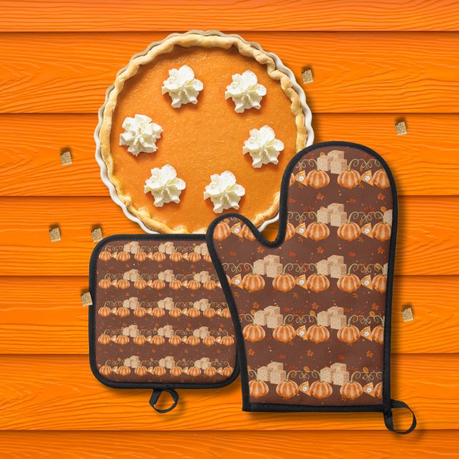 Kürbiskuchen und braune Zuckerwürfel braun Ofenhandschuh & Topflappen-Set (Von Creator hochgeladen)