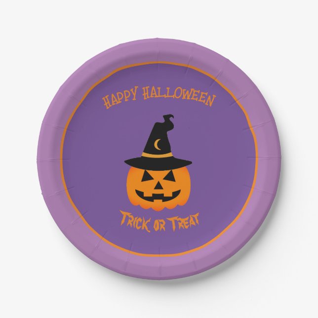 Kürbiskürbis, die ein Hexenhutenhut zu Halloween t Pappteller (Vorderseite)