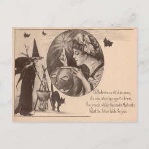 Kürbislaterne Hexe schwarze Katze Frau Postkarte