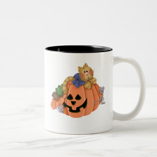 Kürbislaterne mit Katze und Mäusen Zweifarbige Tasse (Rechts)