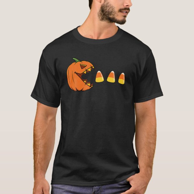 Kürbislaterne Pumpkin Eating Candy Corn Funny Hal T-Shirt (Vorderseite)