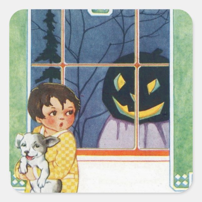 Kürbislaterne Pumpkin Ghost Girl Puppy Quadratischer Aufkleber (Vorderseite)