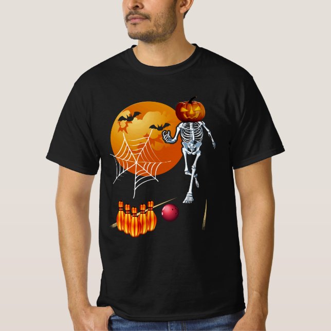Kürbislaterne Pumpkin Skeleton Playing Bowling Ha T-Shirt (Vorderseite)