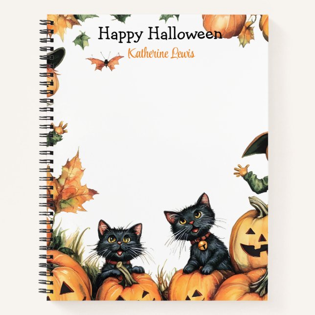 Kürbislaterne, Schwarze Katzen und Scarecrow Hallo Notizbuch (Vorderseite)