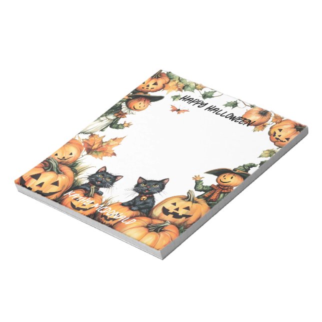 Kürbislaterne, Schwarze Katzen und Scarecrow Notizblock (Rotiert)