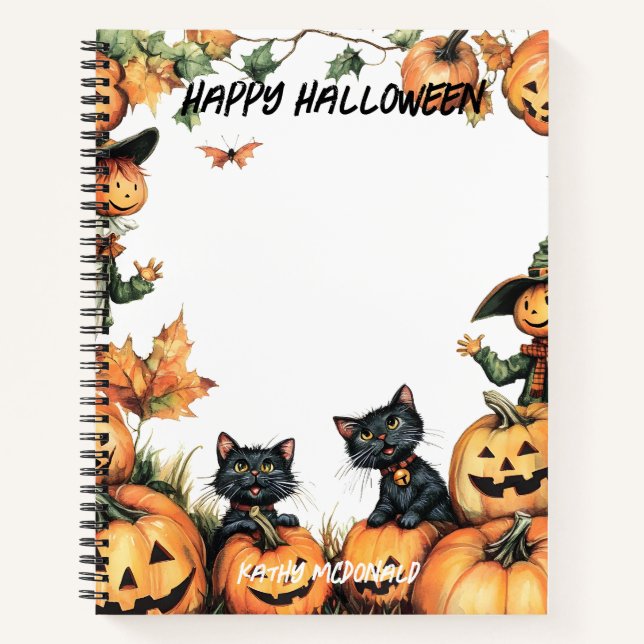 Kürbislaterne, Schwarze Katzen und Scarecrow Notizbuch (Vorderseite)