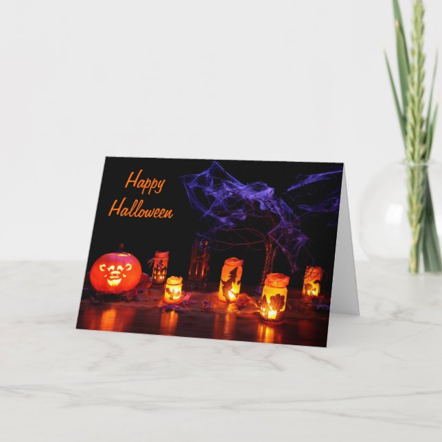 Kürbislaterne und Kerzen Halloween-Karten- Karte (Vorderseite)