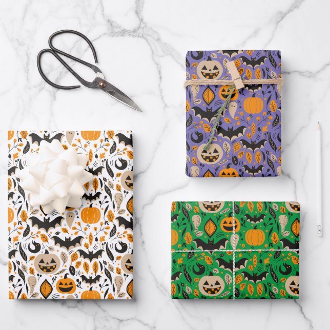 Kürbislaternen Fledermäuse Gespenster Herbst niedl Geschenkpapier Set (Vorderseite)