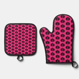 Kürbislaternen in Schwarz und Rosa Ofenhandschuh & Topflappen-Set