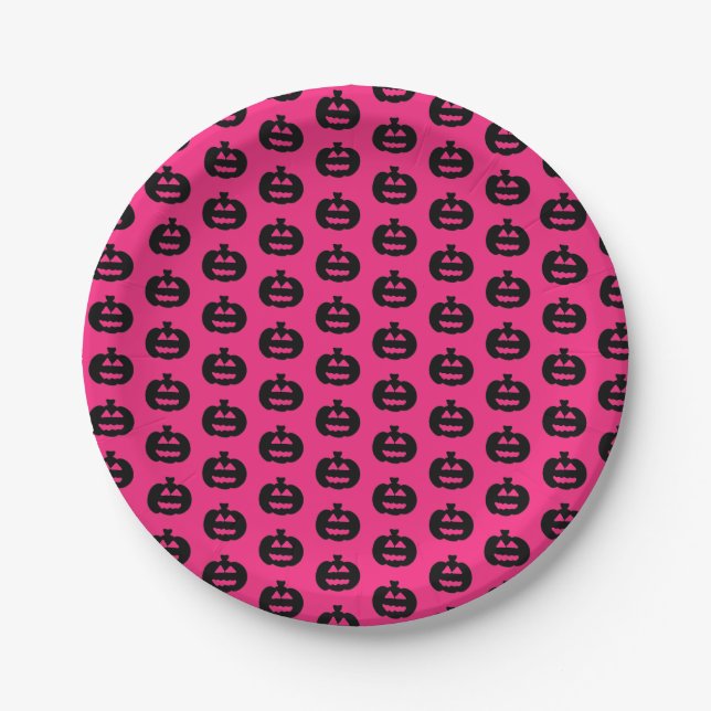 Kürbislaternen in Schwarz und Rosa Pappteller (Vorderseite)