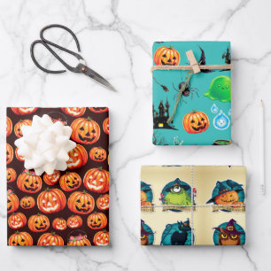 Kürbislaternen-Wrap-Papier Flachblatt-Set aus 3 Geschenkpapier Set