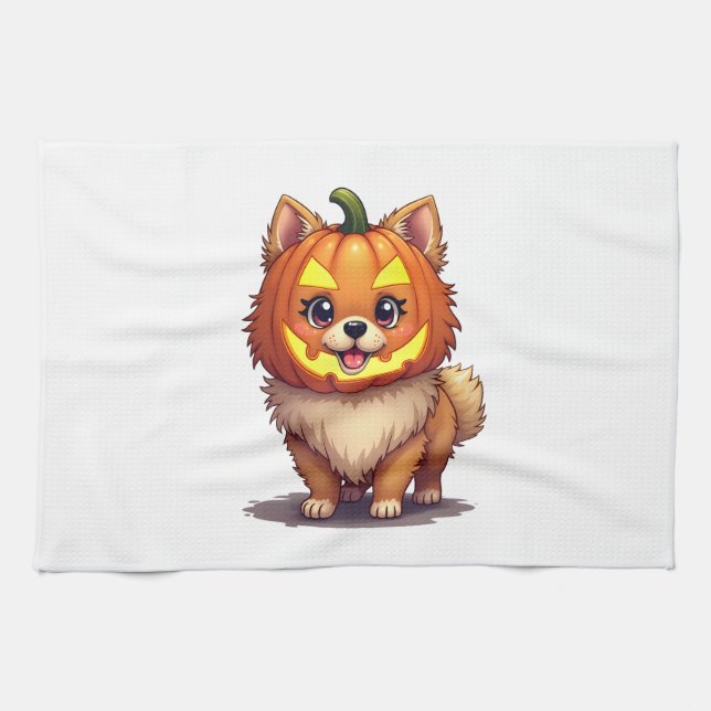 Kürbismaske Pomeranian Hund Geschirrtuch (Horizontal)