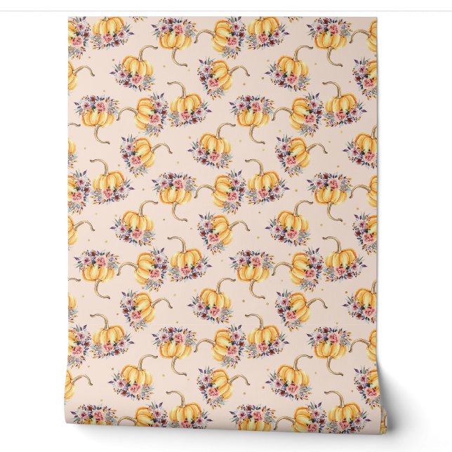Kürbispastellpfirsich Goldpolka Punkt Blumenfall Tapete (Abrollen)