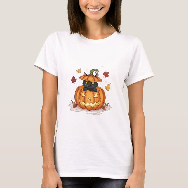 Kürbispurfektion - Niedliche Halloween-Katze-Frau T-Shirt (Vorderseite)