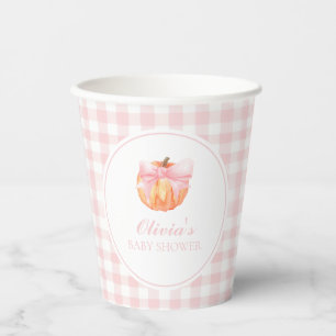 Kürbisrosa Schleife und Gingham-Baby-Party Pappbecher