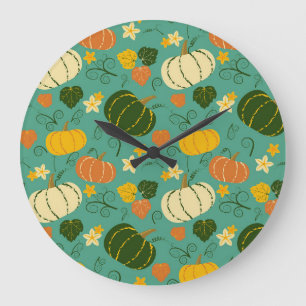 Kürbisse, Blätter: Herbstgemüsemuster Große Wanduhr