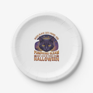 Kürbisse Glänzen Halloween Schwarze Katze Fallende Pappteller