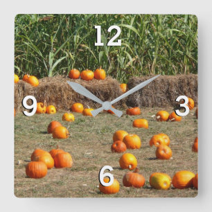 Kürbisse, Mais und Heu Herbst Ernte Fotografie Quadratische Wanduhr