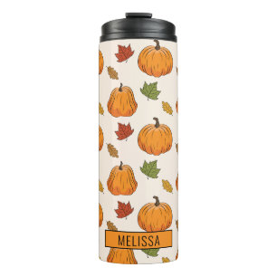 Kürbisse und bunte Herbstblätter Muster & Name Thermosbecher